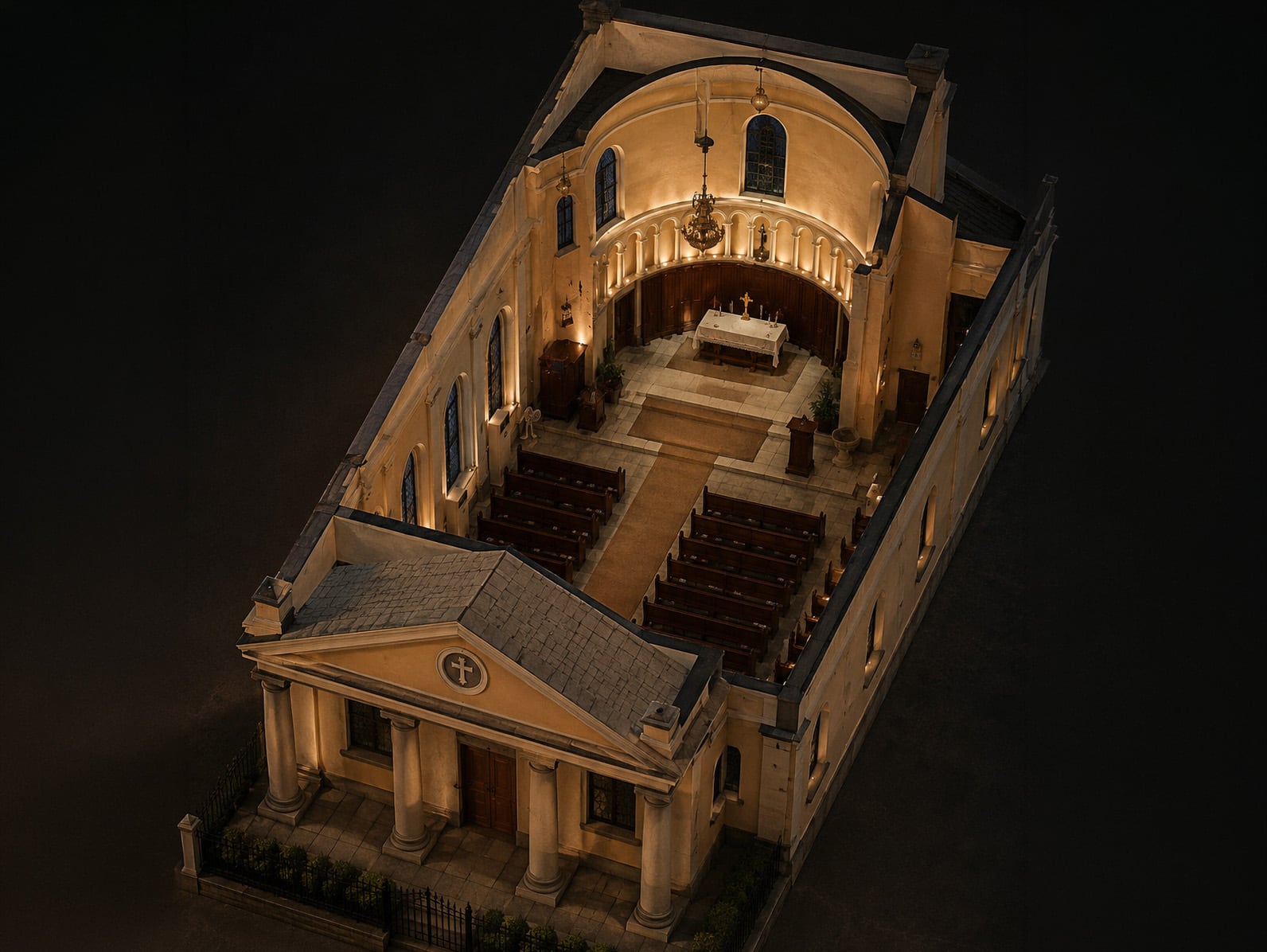 An architectural cutaway of the Church of St. Andrew, Fort — the 211-year-old sanctuary, portico, nave and altar